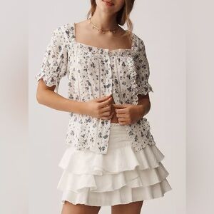 NWT By Anthropologie Puff-Sleeve Eyelet Top size LP Ivory Blue Floral Print Boho
